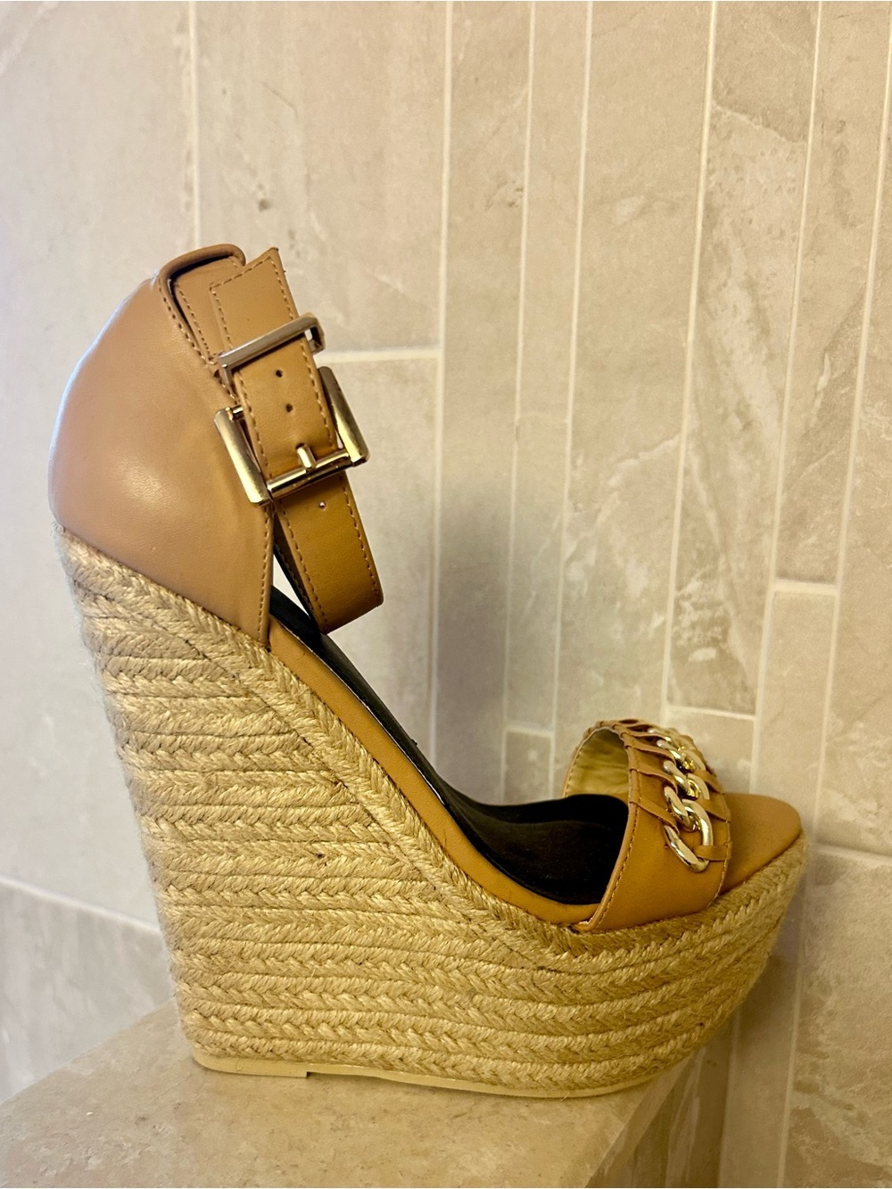 Scene Weaver Tan Platform Espadrille Wedge Sandals with Gold Chain